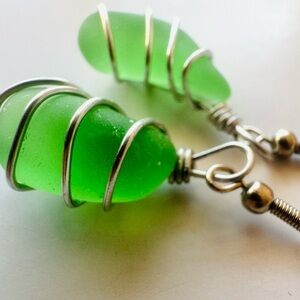 Silver Wrapped Green Sea Glass Earrings
